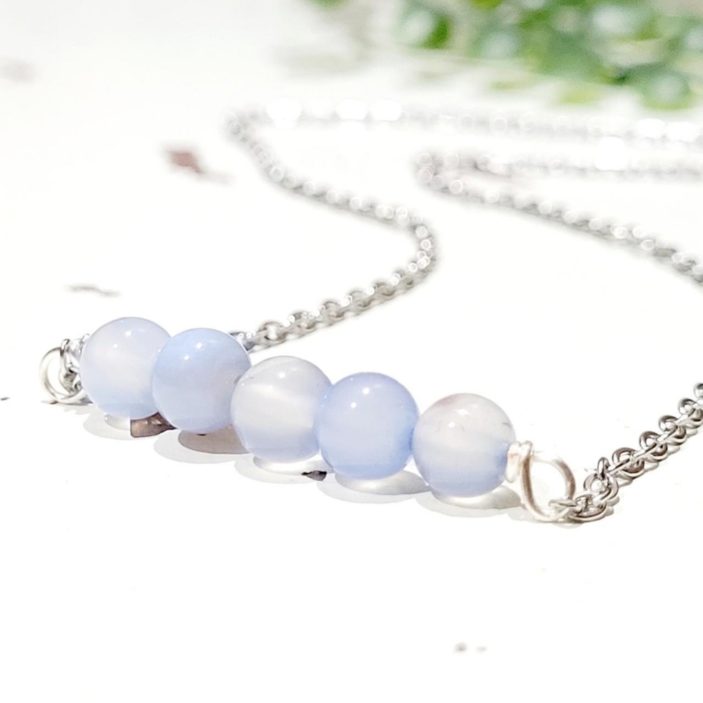 Blue Lace Agate Beaded Bar Necklace 18"
